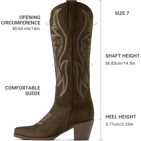 Women's Faux Suede Pointed Heeled Western Wide Calf Embroidered Dark Green Boots - Picture 5 of 7